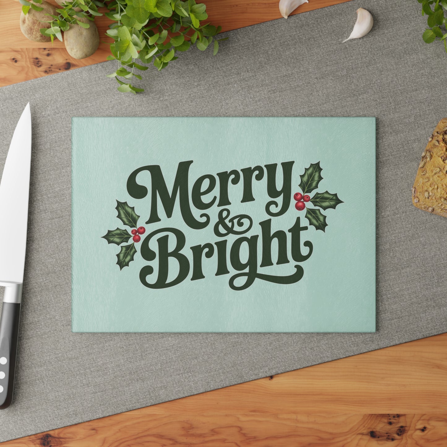 Merry & Bright Glass Cutting Board for Holiday Cooking, Festive Kitchen Gift, Christmas Decor, Unique Housewarming Gift, Food Prep