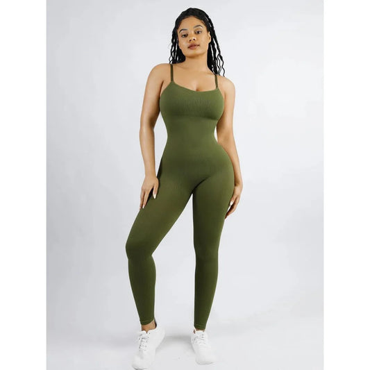 High Stretchy Seamless Sling Tummy Control Jumpsuit Removable cup pads - GREEN